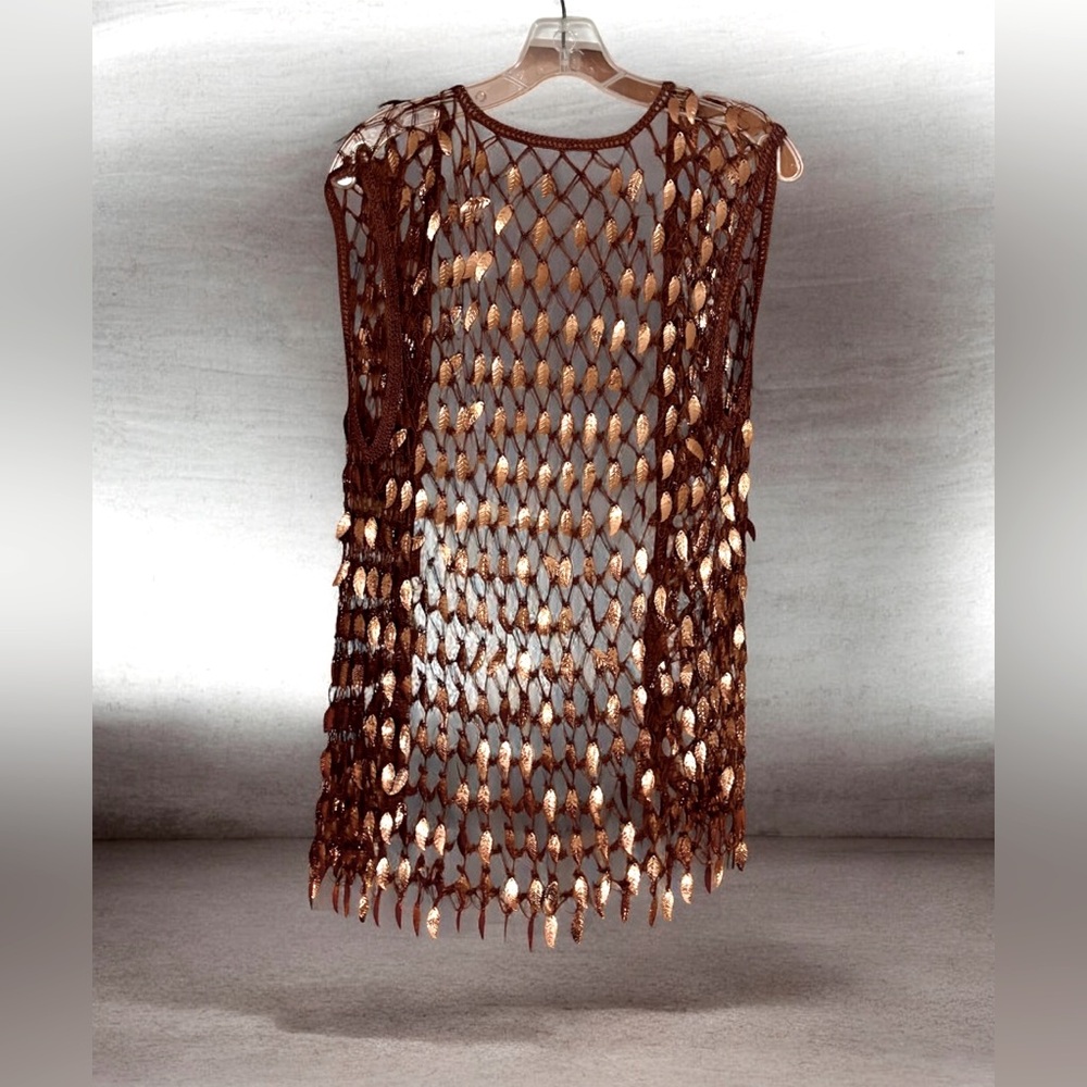Cardigan Brown Crochet Metallic Gold Dangle Leaf 90’s Style